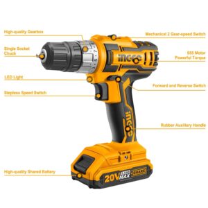 Ingco Lithium-Ion 20V Cordless Drill (CDLI20012).